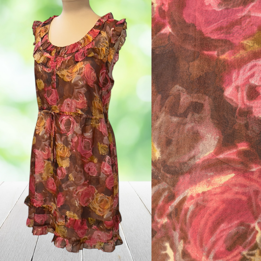 J CREW Silk Dress Rose Floral Painterly Ruffle Drawstring Waist Brown Pink Sz 12
